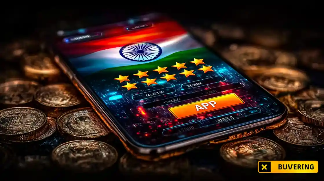 A smartphone displaying a top-rated betting app interface with the Indian flag, lying on a pile of gold coins.