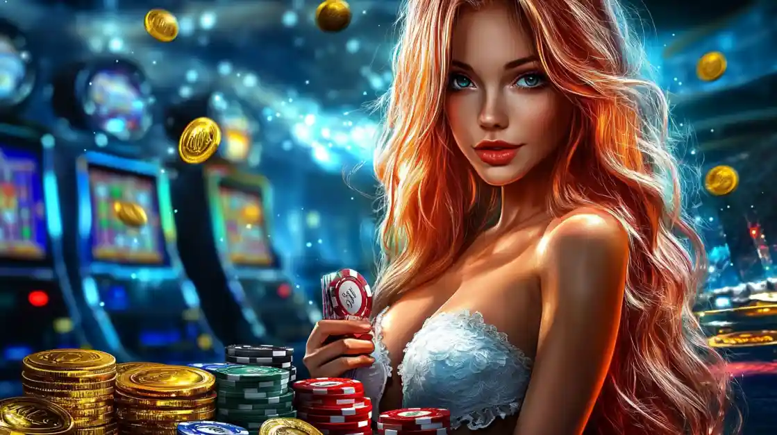 An elegant woman with red hair holding casino chips in front of blurred slot machines, evoking a classic casino atmosphere.