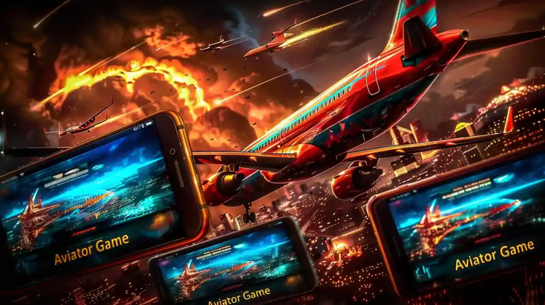 A large passenger jet representing the Aviator game flies over a burning city at night, with the game shown on multiple mobile screens.