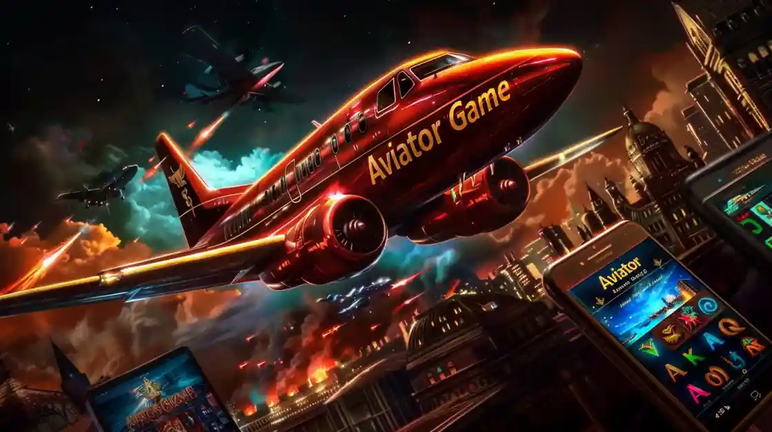 A sleek red passenger plane from the Aviator game flying over a nighttime city, promoting the thrilling mobile crash game experience.