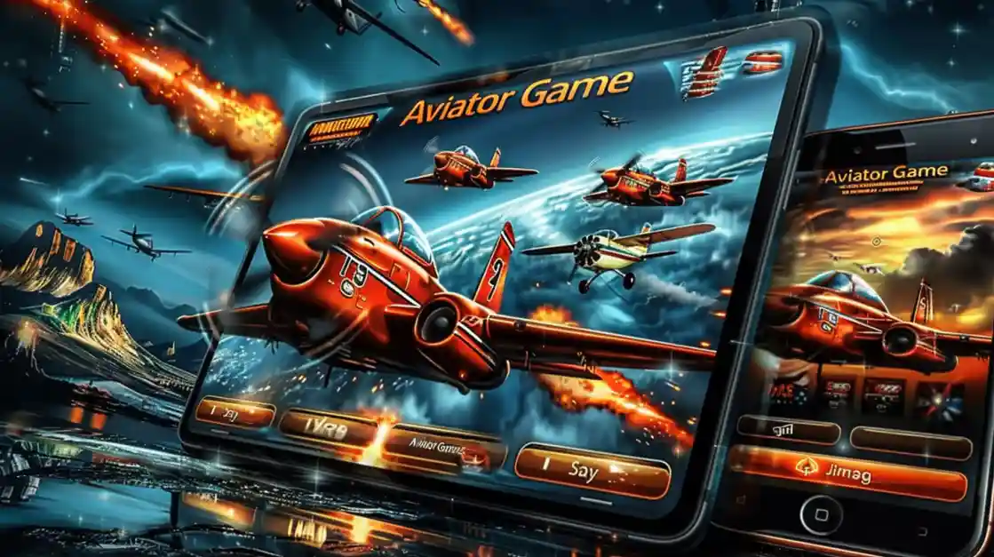 The Aviator crash game is shown on a tablet and smartphone, featuring classic propeller planes in an action-packed dogfight scene.