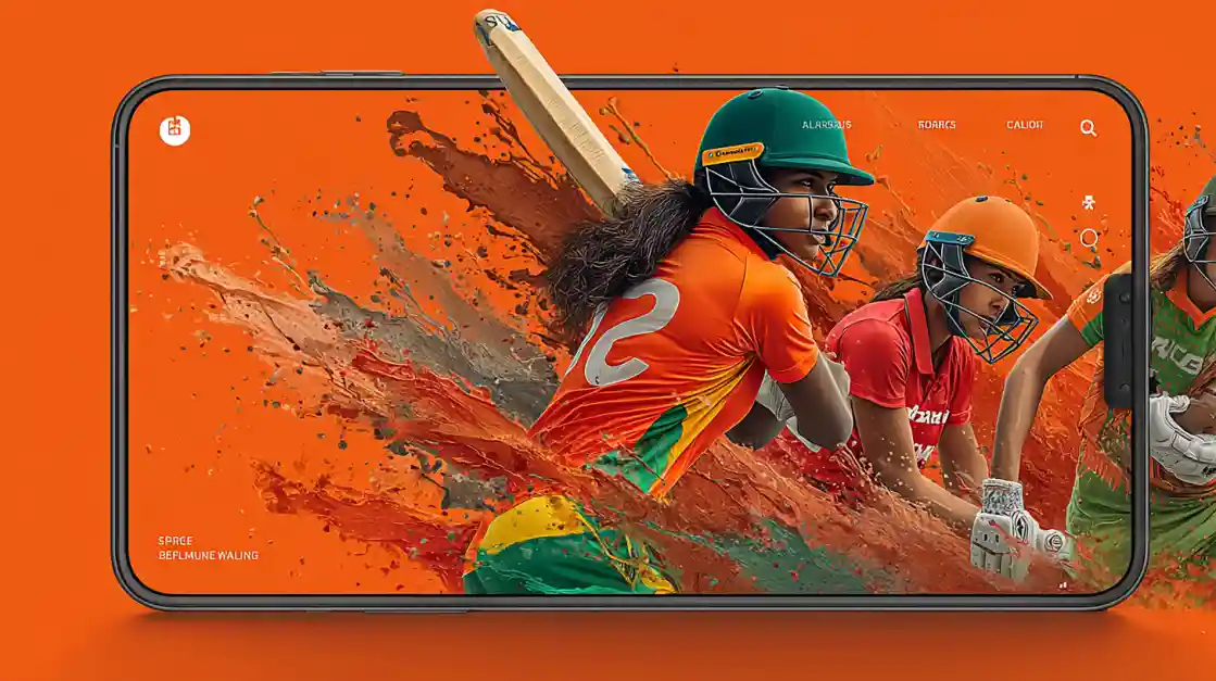 A mobile phone displaying a dynamic cricket betting app, with female players in action emerging from the screen with a splash effect.