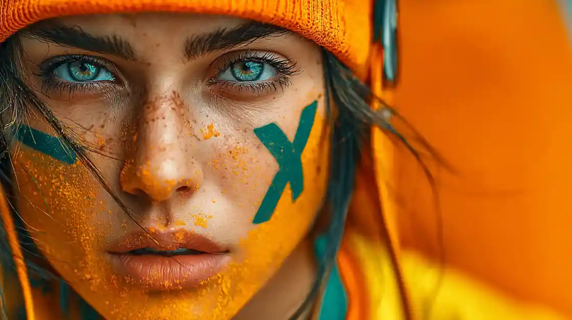 A close-up of a woman's intense face with an X painted on her cheek, set against an orange background for a modern sports betting brand.