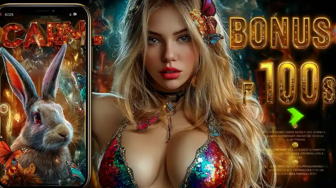 Online casino promotion showing a fantasy-themed slot game on a mobile phone next to a woman and a $100 Bonus offer.