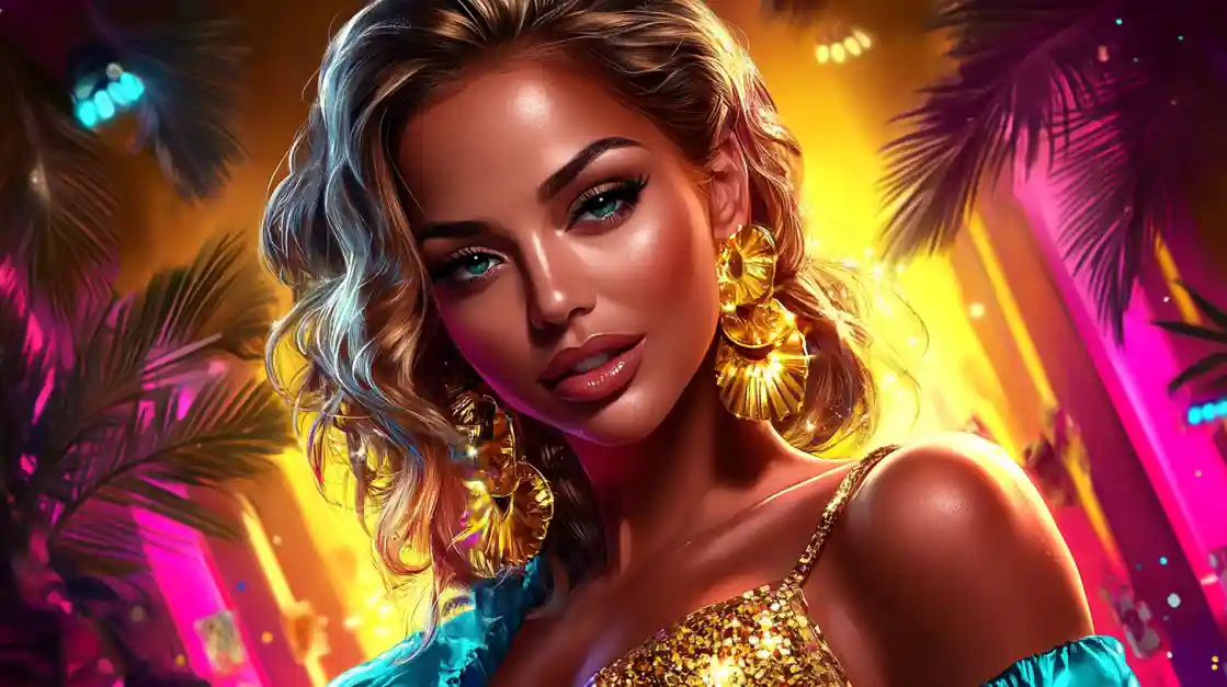 A glamorous woman with gold jewelry at a vibrant casino party, representing the exciting lifestyle of online gaming.