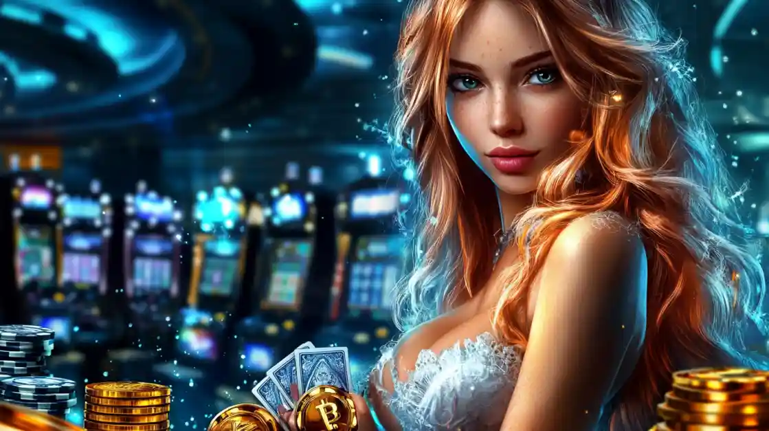 An elegant woman holding playing cards at a table with casino chips, with slot machines in the background.