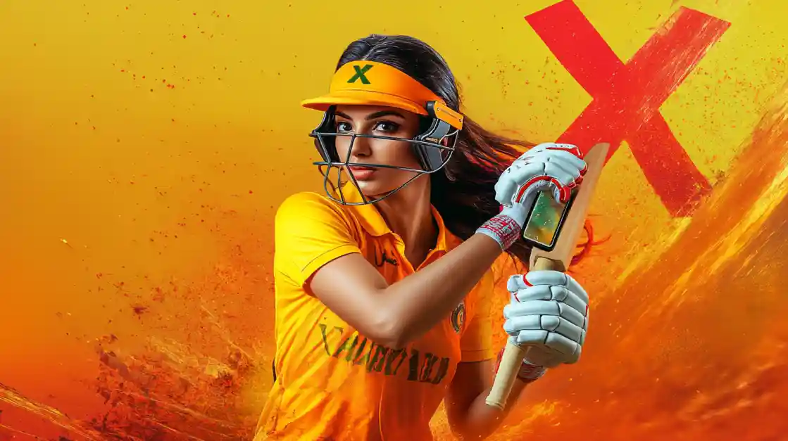 A female cricket player in a yellow uniform holds a bat and a smartphone, promoting a mobile sports betting app.