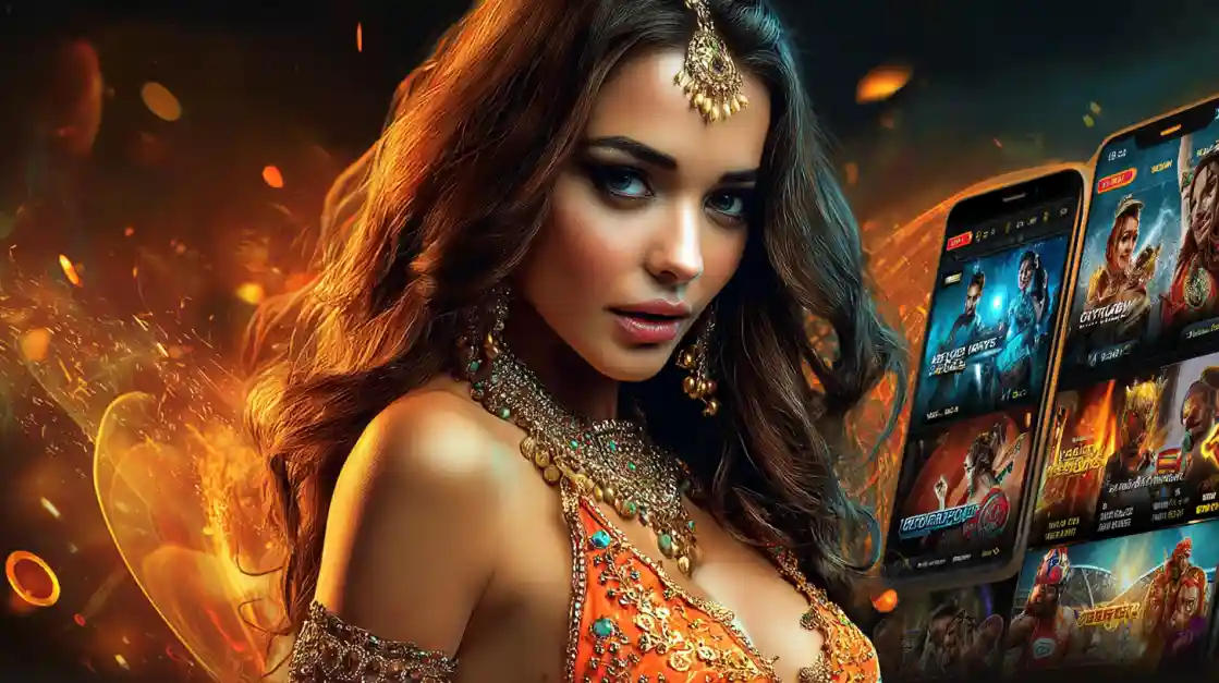 A glamorous woman in traditional Indian-style jewelry and attire, with a fiery background and screens showing online casino games.