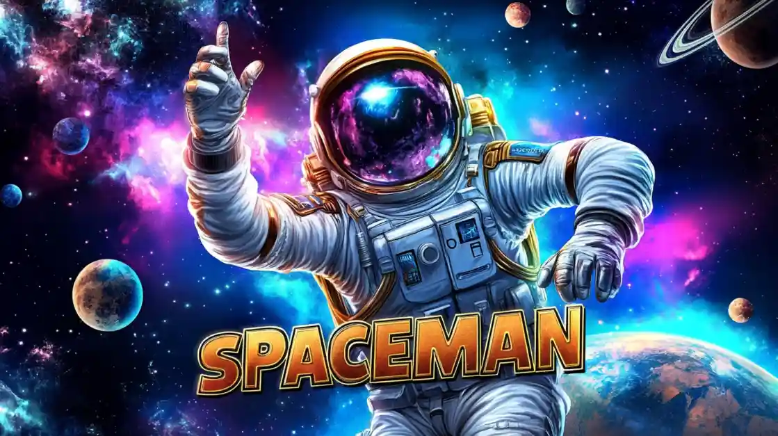 Promotional art for the Spaceman online casino game, showing an astronaut floating in a colorful galaxy.