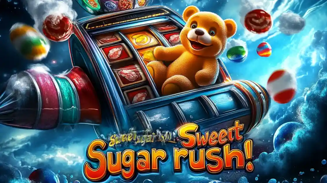 The logo and promotional art for the Sweet Sugar Rush slot game, featuring a teddy bear on a candy-themed slot machine.