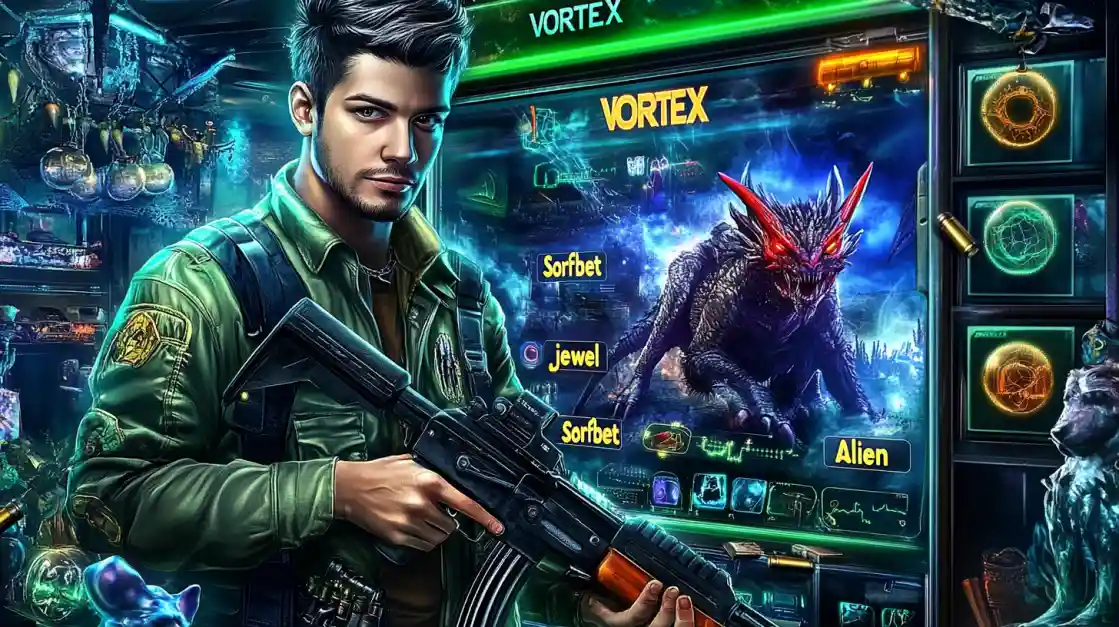 Promotional image for the Vortex online slot, featuring a soldier with a rifle standing next to a game screen with an alien monster.