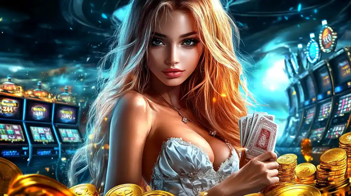 An elegant woman holding playing cards in a casino, surrounded by piles of gold coins and brightly lit slot machines.
