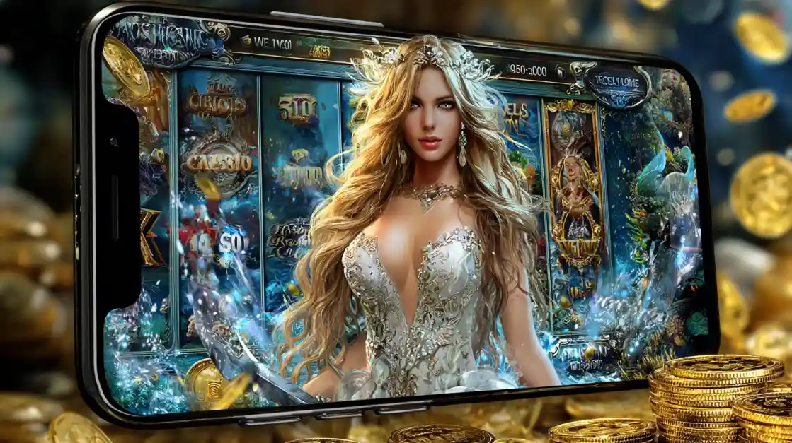 A mobile phone displaying a fantasy-themed online slot game with a goddess character, surrounded by piles of gold coins symbolizing a big win.