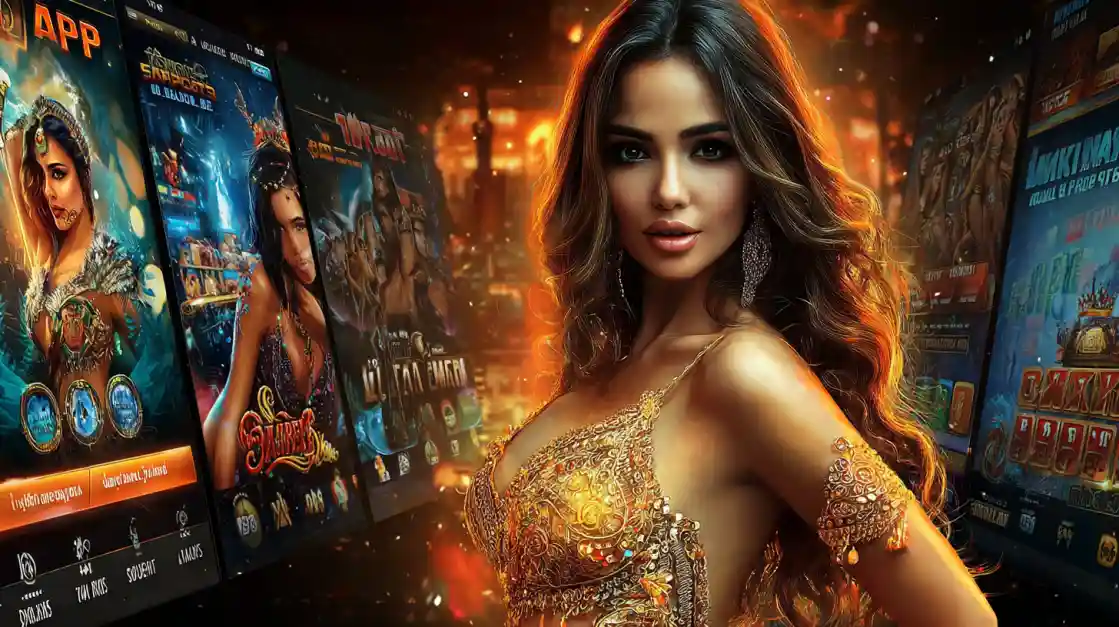 A beautiful woman in a golden outfit showcasing a wide selection of mobile slot games on multiple screens behind her.