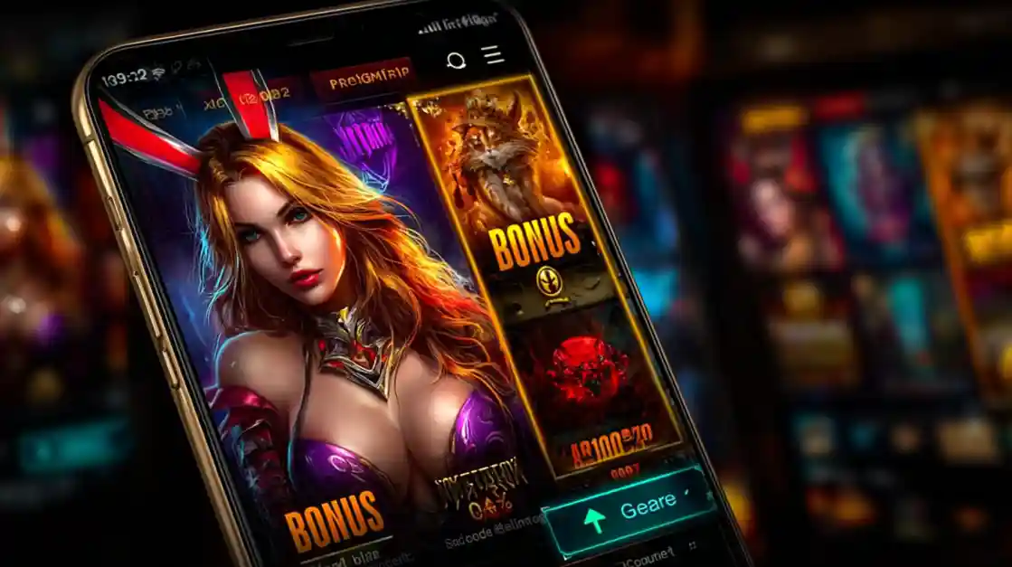 A close-up of a mobile casino game screen showing a fantasy character in bunny ears and highlighting a BONUS feature.
