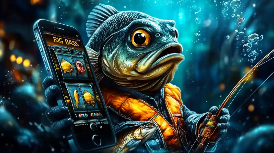 Promotional art for the Big Bass online slot, featuring a cartoon fish holding a phone displaying the game and a fishing rod.