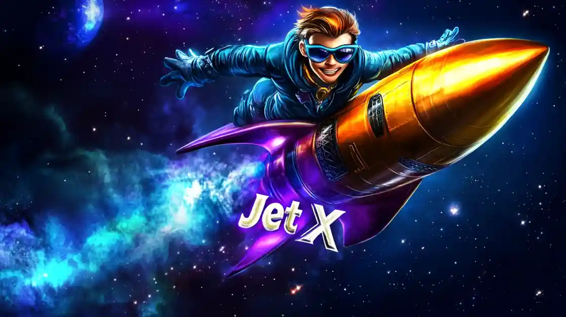 Promotional art for the JetX crash game, showing a character riding a fast golden rocket through outer space.