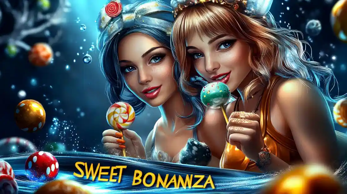 Promo image for the Sweet Bonanza slot game, featuring two women holding lollipops in a magical candy world.